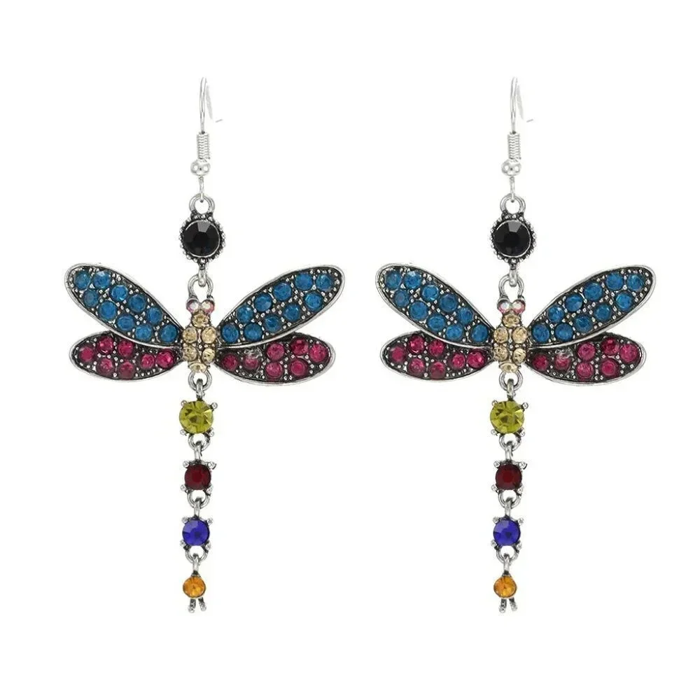 Multi Color Dragonfly Crystal Rhinestone Silver Plated Hook Earrings, V…